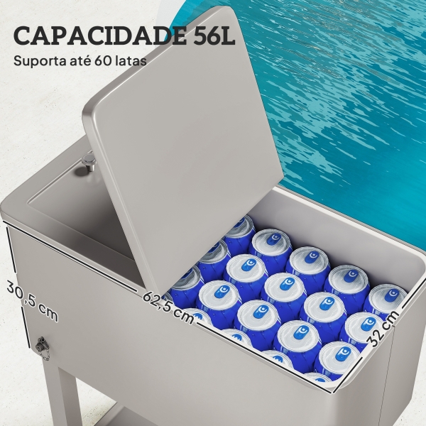 Outsunny Carrinho Refrigerador de Bebidas de 56L com Rodas Abridor de Garrafas e Prateleira para Pátio Festas 67x35x80 cm Cinzento Claro - Image 5