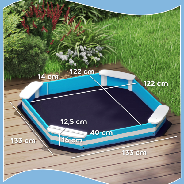 AIYAPLAY Caixa de Areia para Crianças acima de 3 Anos Quadrada com 4 Assentos para Exterior 133x133x16 cm Azul e Branco - Image 3