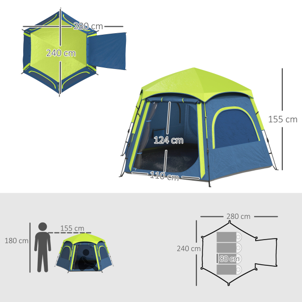 Outsunny Tenda de Campismo para 2-4 Pessoas Dobrável com Fácil Instalação e Bolsa de Transporte 280x240x155 cm Azul e Verde - Image 3