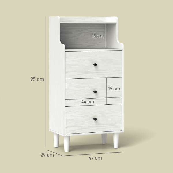 HOMCOM Cómoda com 3 Gavetas Cómoda de Quarto Estreita com Prateleiras Abertas Anti-Tombo Gaveteiro Alto 47x29x95 cm Branco Acinzentado - Image 3