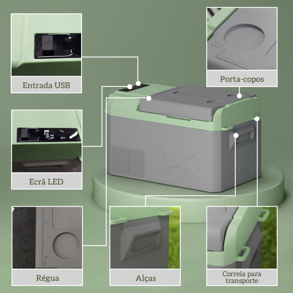 Outsunny Geleira Portátil Elétrica 17,5L -20℃ a +20 ℃ 12V/24V Mini Geleira com Rodas Compressor e Ecrã LED Tátil 61x34x32,4 cm Cinza e Verde - Image 9