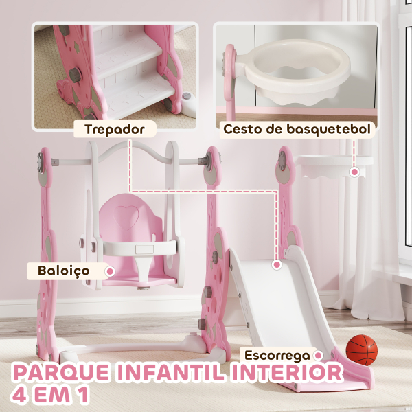 AIYAPLAY Escorrega Infantil 4 em 1 Parque Infantil com Baloiço e Escorrega Escalador Cesto de Basquetebol 147,5x160x107 cm Rosa - Image 4