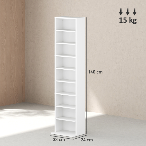 HOMCOM Estante para CDs e DVDs Suportes para CD Estreitos com 9 Compartimentos Prateleiras Ajustáveis 33x24x140 cm Branco - Image 3