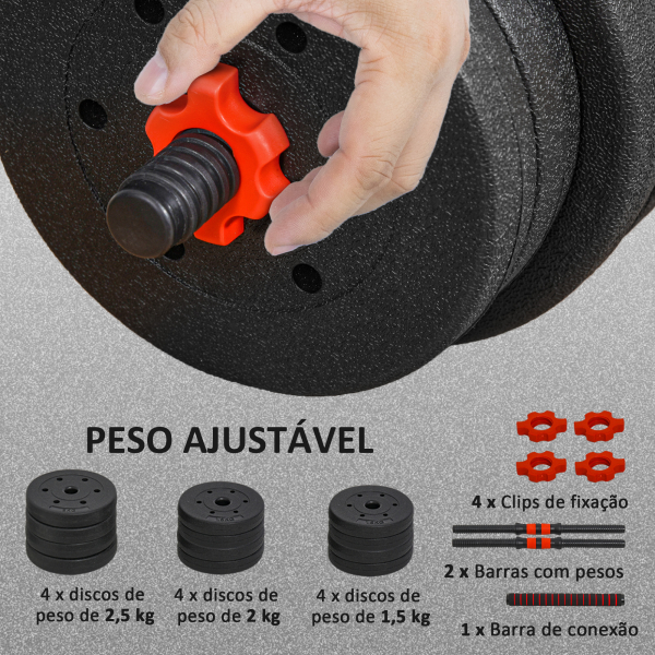 HOMCOM Conjunto de Halteres de 20 kg 2 em 1 com Barras de Conexão e Barra de Extensão Treinamento de Força e Levantamento de Pesos Preto - Image 6