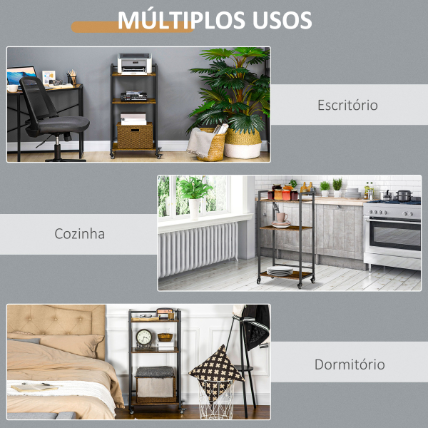 HOMCOM Estante Multifuncional com Rodas Estante de Armazenamento de 3 Níveis com Prateleiras Ajustáveis para Escritório Estúdio Dormitório 50x35x100,5cm Marrom Rústico - Image 7