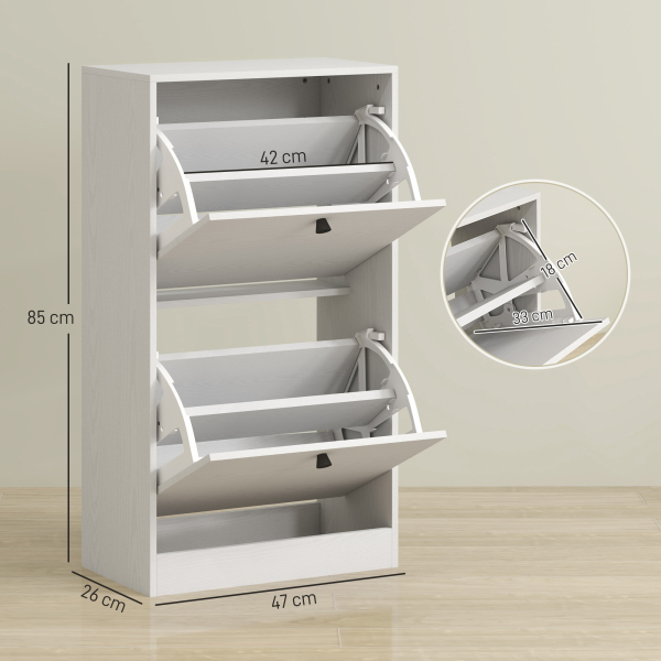 HOMCOM Sapateira Estreita Móvel Sapateira com 2 Gavetas Abatíveis e Prateleiras Ajustáveis para 8 Pares de Sapatos 47x26x85 cm Branco - Image 3