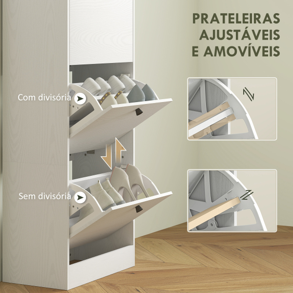 HOMCOM Sapateira Estreita com 3 Portas Sapateira para Entrada com Prateleiras Ajustáveis para 12 Pares de Sapatos 47x28x115 cm Branco - Image 5