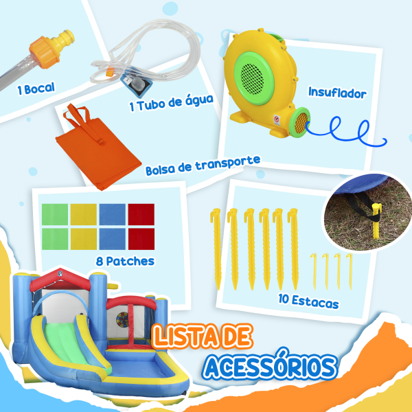AIYAPLAY Castelo Insuflável 5 em 1 Parque Aquático Insuflável para Crianças com Escorrega Piscina Alvo e Cesta  385x290x180 cm Multicor - Image 9
