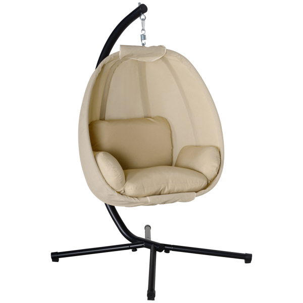 Outsunny Cadeira Suspensa Tipo Ovo com Suporte Baloiço de Jardim com Cesto Dobrável e Almofada Baloiço Suspenso 125x95x170 cm Caqui