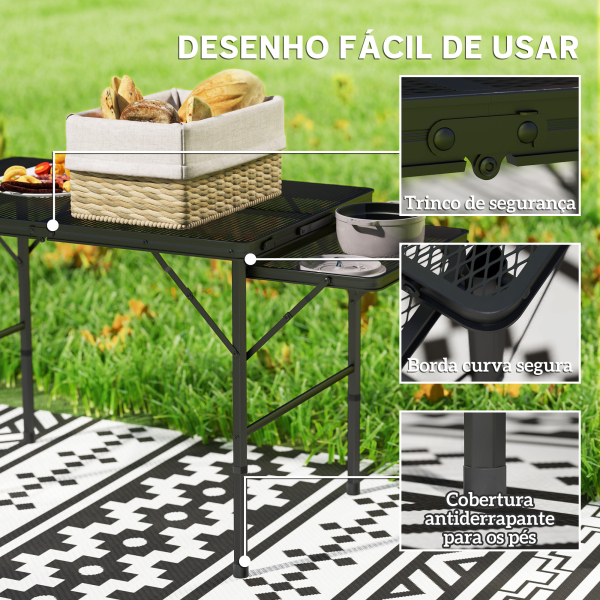 Outsunny Mesa Dobrável Campismo de Alumínio 137x62x67 cm com Laterais Abatíveis Altura Ajustável Bancada Metálica de Grade Preto - Image 7