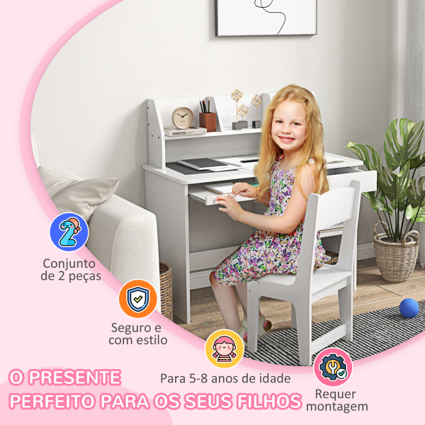 ZONEKIZ Conjunto de Secretária e Cadeira para Crianças com 2 Gavetas e Compartimento para Dormitório Sala de Estudo Branco - Image 6