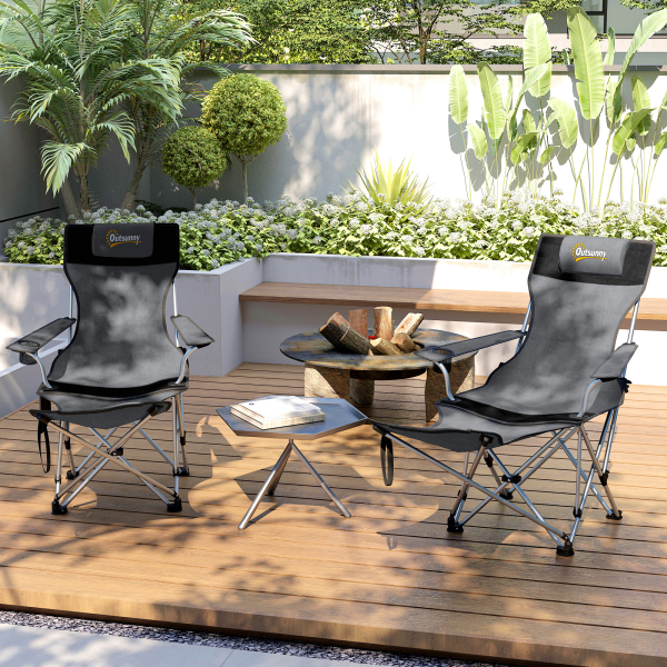 Outsunny Conjunto de 2 Cadeiras Dobráveis Campismo com Apoio para a Cabeça Porta-Copos e Bolsa Lateral 50-100x82x88 cm Cinza e Preto - Image 8