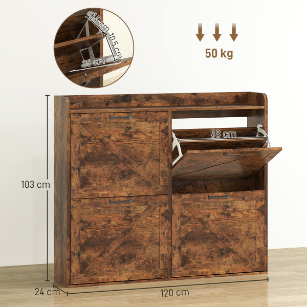 HOMCOM Sapateira de 4 Portas com Prateleiras Ajustáveis Estilo Industrial para 24 Pares de Sapatos 120x24x103 cm Castanho Rústico - Image 3