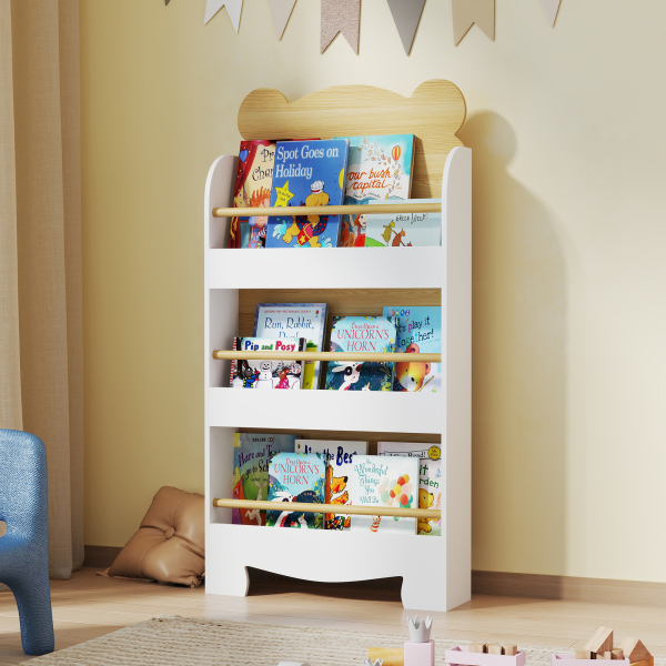 AIYAPLAY Estante Infantil de 3 Níveis Estante para Livros Infantil Desenho de Ursinho 55x15x110 cm Branco e Madeira - Image 2