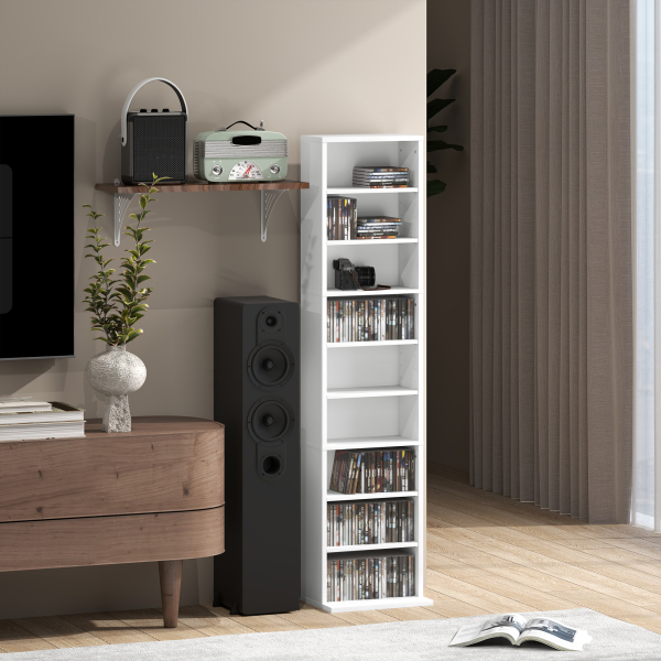 HOMCOM Estante para CDs e DVDs Suportes para CD Estreitos com 9 Compartimentos Prateleiras Ajustáveis 33x24x140 cm Branco - Image 9