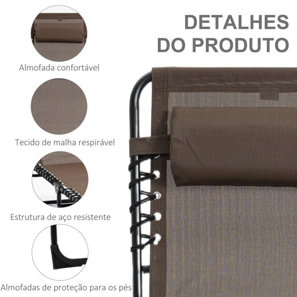 Outsunny Espreguiçadeira Dobrável de Jardim com Encosto Ajustável Apoio para Cabeça Acolchoado Bolso Lateral 185x58x30 cm Marrom - Image 5
