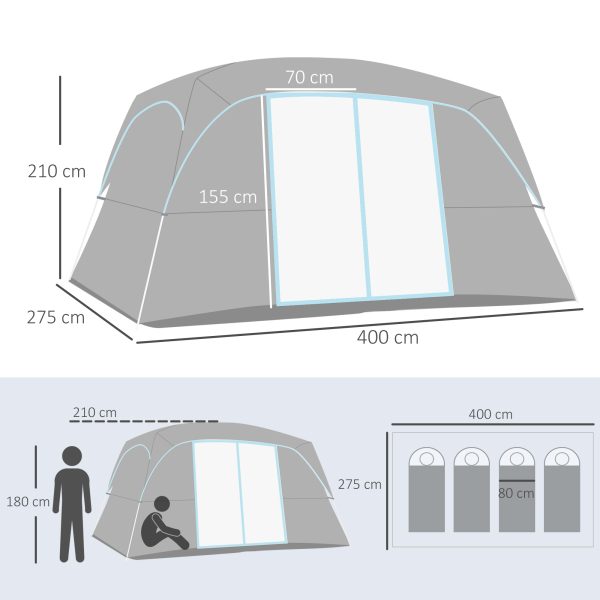 Outsunny Tenda de Campismo Familiar para 4-8 Pessoas com 2 Quartos 2 Bolsos e Janelas com Malha Impermeável 400x275x210 cm Cinza - Image 3