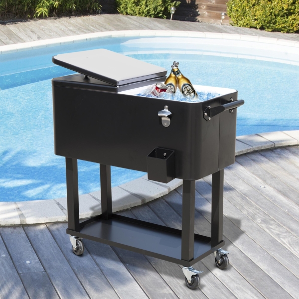 Outsunny Geleira para Bebidas Carro Refrigerado para Bebidas 75,7 L com Rodas Abridor de Garrafas e Prateleira 90x39x83 cm Preto - Image 2