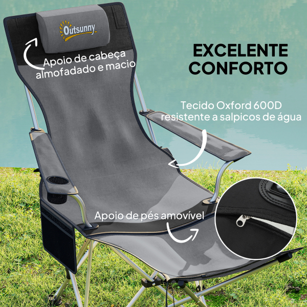 Outsunny Conjunto de 2 Cadeiras Dobráveis Campismo com Apoio para a Cabeça Porta-Copos e Bolsa Lateral 50-100x82x88 cm Cinza e Preto - Image 4