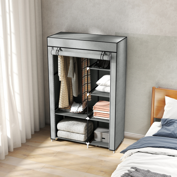 HOMCOM Roupeiro de Tecido Dobrável com 6 Prateleiras e 1 Barra de Pendurar para Dormitório Vestidor 103x43x162,5cm Cinza - Image 8