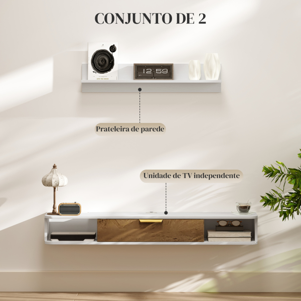 HOMCOM Móvel de TV Sala de Estar com Prateleira de Parede Armário Orifícios para Cabos para Televisão de Parede 120x24x16 cm Branco - Image 4