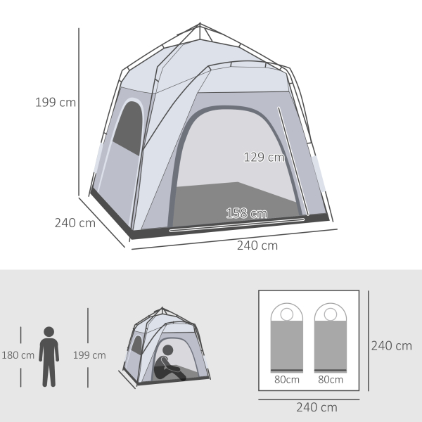 Outsunny Tenda de Campismo para 4 Pessoas Tenda de Campismo Pop UP com 4 Janelas e Bolsa de Transporte 240x240x199 cm Cinza - Image 3