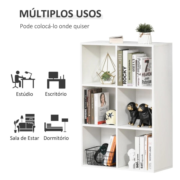 HOMCOM Estante para Livros Estante de Madeira de 3 Níveis com 6 Compartimentos de Armazenamento 65,5x30x97,5cm Branco - Image 6