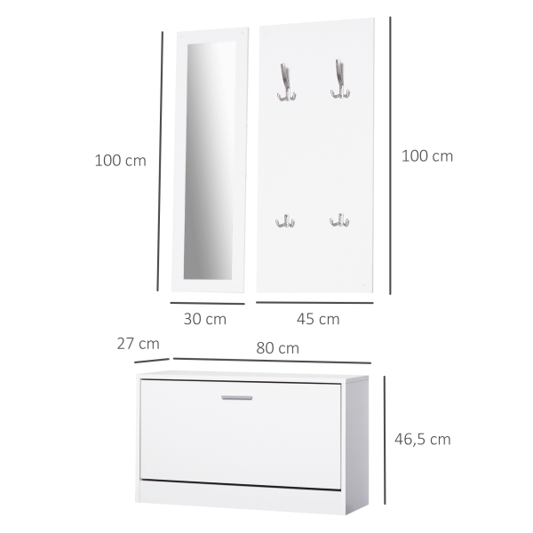 HOMCOM Móvel Cabide de Entrada de 3 Peças Armário de Entrada com Cabide Espelho e Sapateira 80x27x46,5cm Branco - Image 3