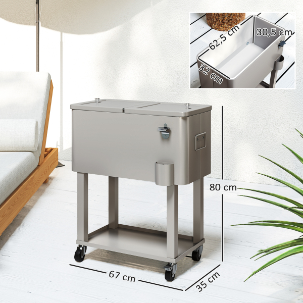 Outsunny Carrinho Refrigerador de Bebidas de 56L com Rodas Abridor de Garrafas e Prateleira para Pátio Festas 67x35x80 cm Cinzento Claro - Image 3