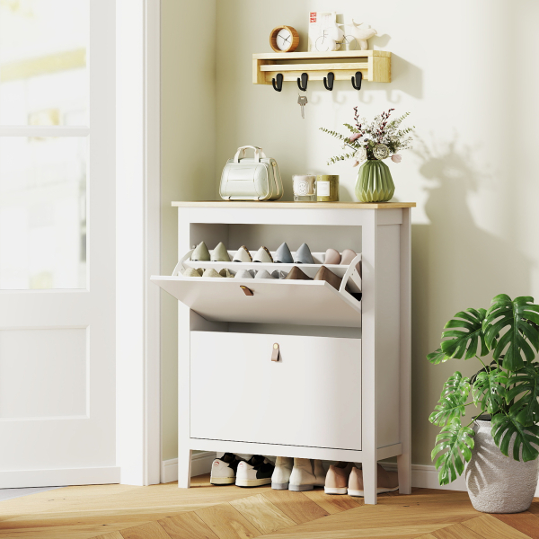 HOMCOM Sapateira Estreita com 2 Gavetas Prateleiras Ajustáveis e Puxadores em PU para 14 Pares de Sapatos 80x24x95,5 cm Branco - Image 2