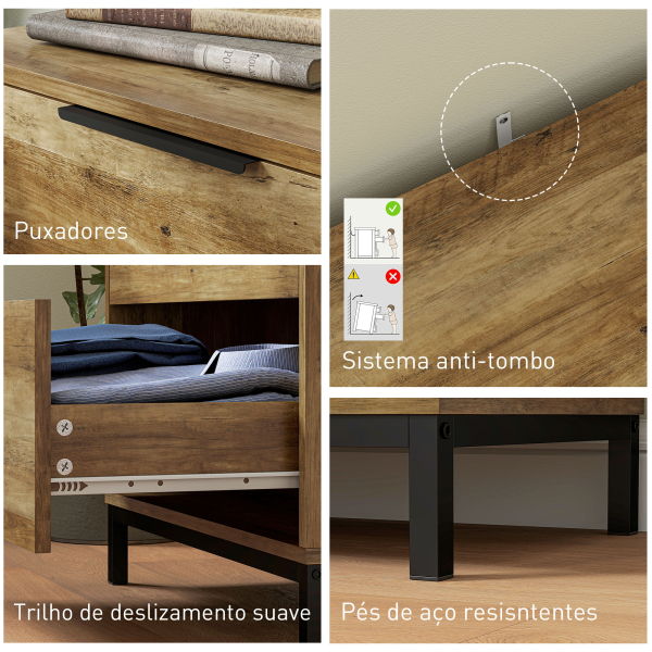 HOMCOM Cómoda de 4 Gavetas Cómoda para Dormitório Alta com Puxadores Metálicos Cómoda Estreita para 62x35x105 cm Castanho Rústico - Image 5