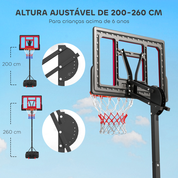 AIYAPLAY Tabela de Basquetebol para Crianças com Altura Ajustável de 200 a 260 cm com Saco de Pesos Vermelho e Preto - Image 4