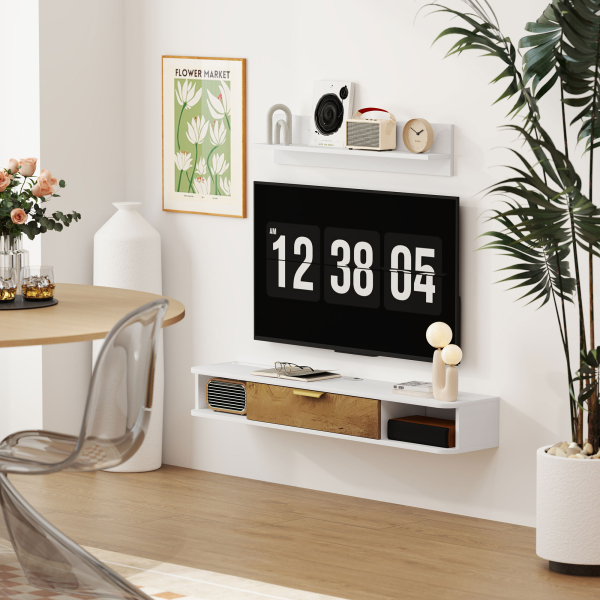 HOMCOM Móvel de TV Sala de Estar com Prateleira de Parede Armário Orifícios para Cabos para Televisão de Parede 120x24x16 cm Branco - Image 8