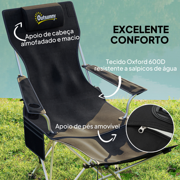 Outsunny Conjunto de 2 Cadeiras Dobráveis Campismo com Apoio para a Cabeça Porta-Copos e Bolsa Lateral 50-100x82x88 cm Preto - Image 4