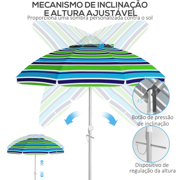 Outsunny Chapéu de Sol de Praia Ø178x205 cm com Inclinação de 45° e Altura Ajustável Abertura Manual Anti-UV Impermeável Multicolor - Image 5