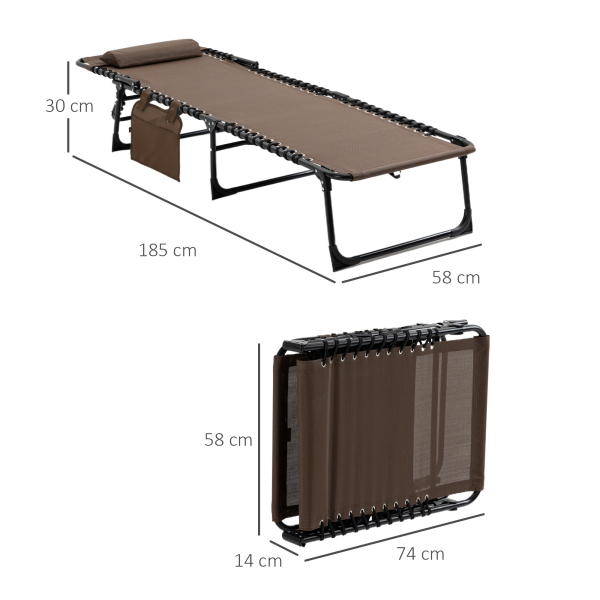 Outsunny Espreguiçadeira Dobrável de Jardim com Encosto Ajustável Apoio para Cabeça Acolchoado Bolso Lateral 185x58x30 cm Marrom - Image 3
