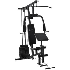 HOMCOM Máquina Multi Estação de Musculação Máquina de Musculação com Estribo para Pernas e Placas de Peso de 45kg para Treinamento Fitness em Casa Academia 148x108x207cm Preto