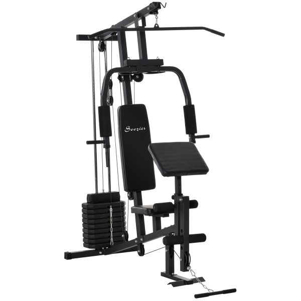 HOMCOM Máquina Multi Estação de Musculação Máquina de Musculação com Estribo para Pernas e Placas de Peso de 45kg para Treinamento Fitness em Casa Academia 148x108x207cm Preto