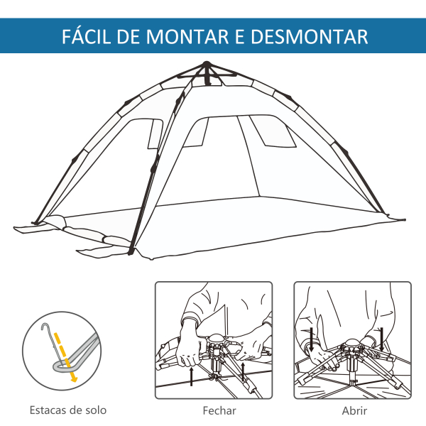 Outsunny Tenda de Praia Dobrável Tenda de Praia Pop-up 1-2 Pessoas com 2 Portas 2 Janelas e Bolsa de Transporte 220x173x120 cm Azul - Image 4