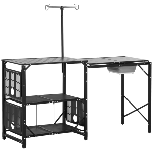 Outsunny Mesa de Campismo de 3 Níveis Dobrável com Prateleiras de Armazenamento Suporte para Candeeiro e Bolsa de Transporte 173x52x80-174 cm Preto
