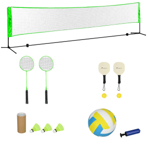 SPORTNOW Kit de Badminton de 7 Peças Jogo de Badminton com 2 Raquetes 3 Badminton 2 Raquetes de Pickleball 2 Bolas de Pickleball Bola de Voleibol e Rede com Suporte Preto e Verde