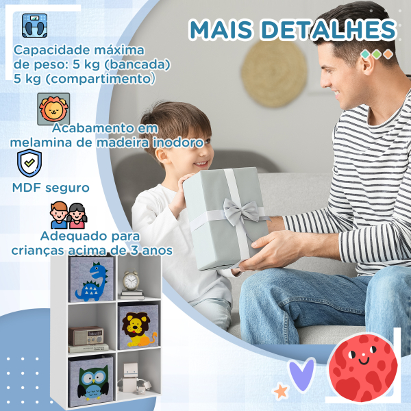 ZONEKIZ Estante para Brinquedos com 6 Compartimentos e 3 Caixas de Tecido não Tecido e Desenho de Animais 61,8x29,9x91,5 cm Branco e Cinza - Image 7