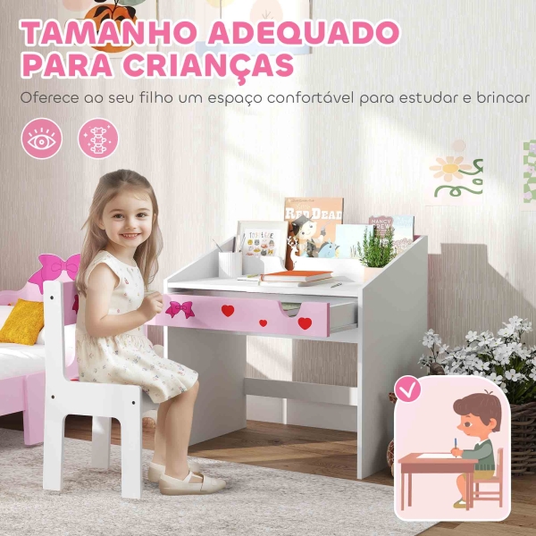 AIYAPLAY Conjunto de Secretária e Cadeira para Crianças com Gaveta Amovível e Compartimento para Dormitório Sala de Jogos Rosa e Branco - Image 6
