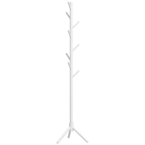 HOMCOM Cabide de Pé de Madeira com 8 Ganchos para Pendurar Roupa e Bolsas para Corredor Entrada 40x40x165 cm Branco