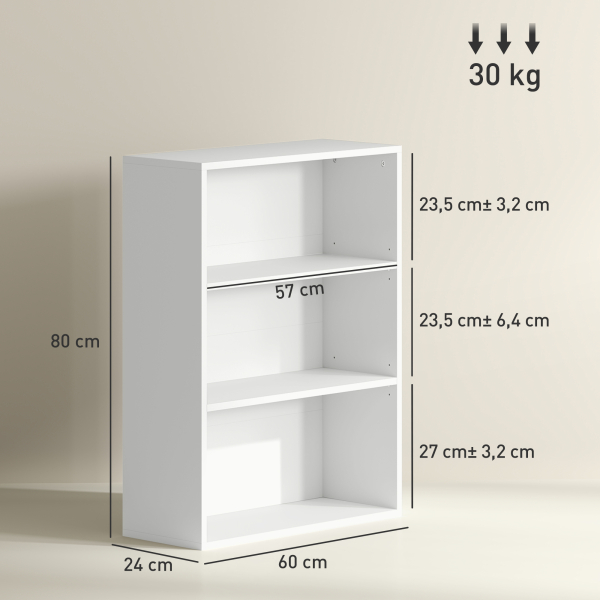 HOMCOM Estante de 3 Níveis Estante para Livros com 2 Prateleiras Ajustáveis para Sala de Estar Escritório Quarto 60x24x80 cm Branco - Image 3