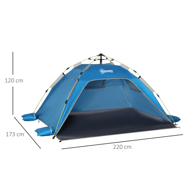 Outsunny Tenda de Praia Dobrável Tenda de Praia Pop-up 1-2 Pessoas com 2 Portas 2 Janelas e Bolsa de Transporte 220x173x120 cm Azul - Image 3
