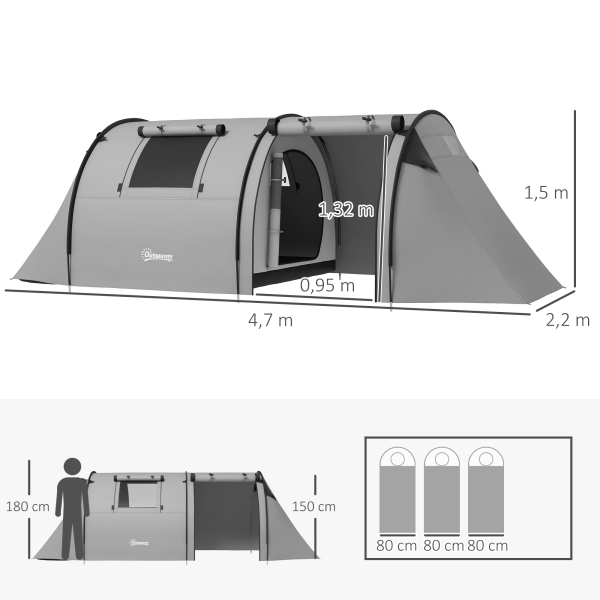 Outsunny Tenda de Campismo Familiar para 3 Pessoas Tenda Campismo Dobrável com Gancho e Bolsa de Transporte 470x220x150 cm Cinzento - Image 3