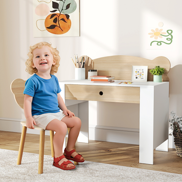 AIYAPLAY Secretária para Crianças com Cadeira em Forma de Ursinho Secretária Infantil com Gaveta para Estudar Ler e Desenhar Branco e Madeira - Image 2
