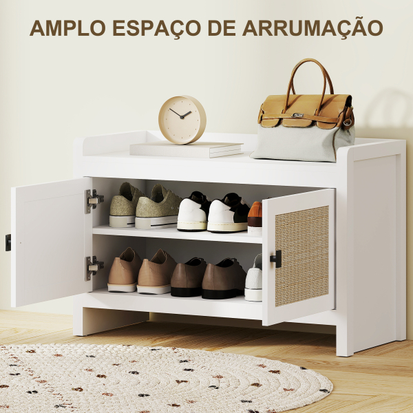 HOMCOM Banco Sapateira com Portas Frentes de Vime Prateleira para 8 Pares de Sapatos para Entrada Dormitório 80x35x52 cm Branco - Image 5