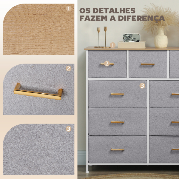 HOMCOM Cómoda com 9 Gavetas Estofada em Borreguito Cómoda de Tela com Estrutura de Aço Cómoda para Dormitório 100x30x99 cm Cinzento - Image 4